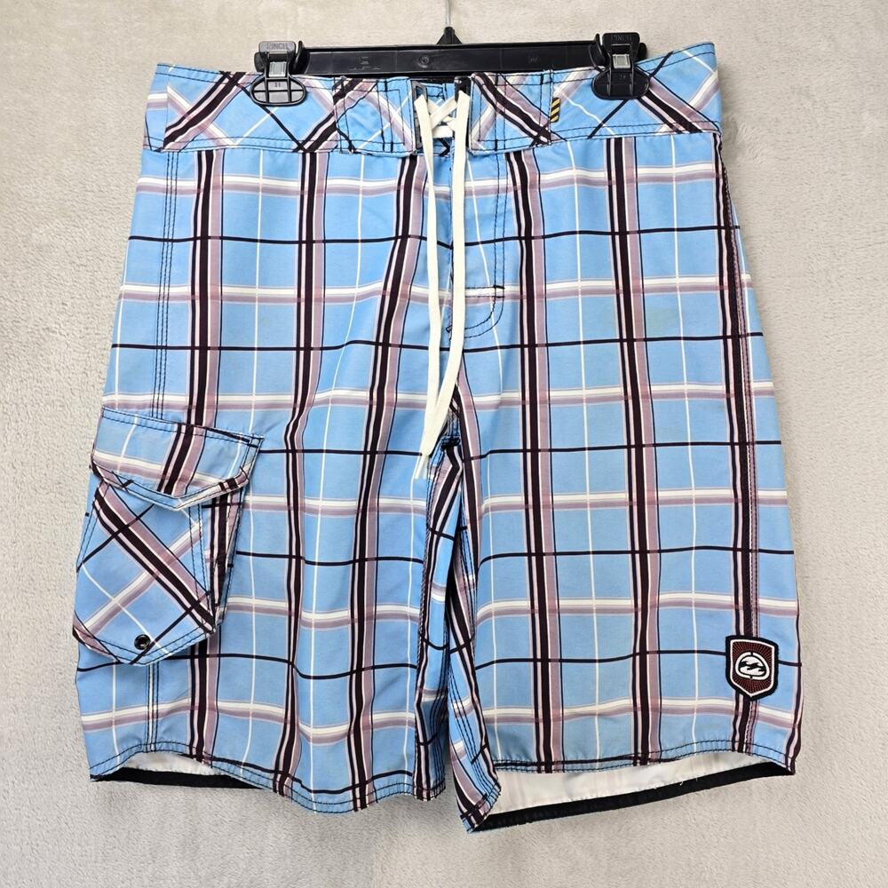 Vintage Billabong Board Shorts Mens 33 (Fits 34) Blue Plaid Skate Surf Swim Y2K